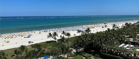 On the beach, sun loungers