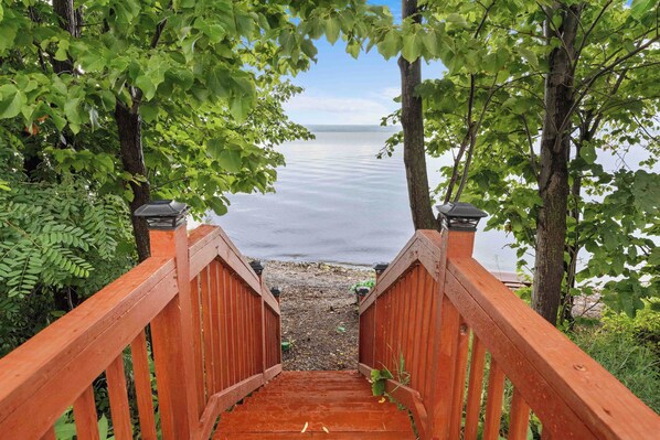 A wooden staircase leading to a body of water, surrounded by trees.