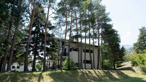 Mökki, jonka ympärillä kohoaa korkeita mäntyjä, ja jossa on pieni kuisti sekä portaat, jotka johtavat sisäänkäynnille.
