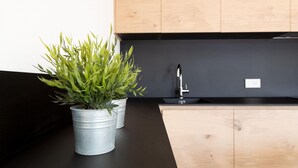 Una cocina moderna con encimera negra, armarios de madera y una planta en maceta.