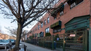 A row of brick buildings with green awnings, a tree-lined sidewalk, and a metal fence.