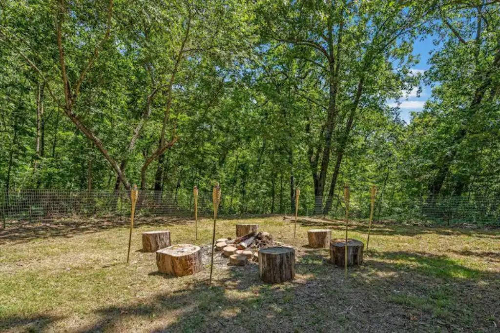 An outdoor area with trees, a fence, and wooden stumps.
