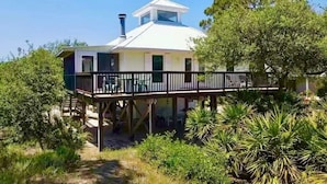 Ein Haus mit Terrasse, umgeben von Grünpflanzen.