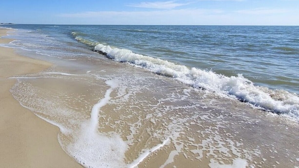 Ein Strand mit sanft anschwellenden Wellen.