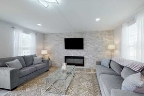 TV, fireplace, table football, ping pong