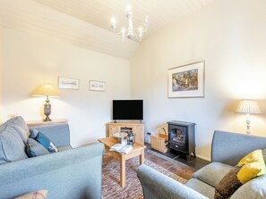 Een woonkamer met een bank, een televisie, een open haard en een kroonluchter.