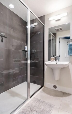 Ensemble baignoire-douche, séchoir à cheveux, serviettes fournies, savon