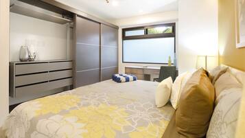 1 bedroom, laptop workspace, iron/ironing board, bed sheets