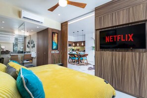Laptop workspace, iron/ironing board, bed sheets - Casa De La Montaña - Super Studio In Stunning New Avida Residences! (Puerto Vallarta)