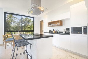 Microwave, stovetop, cookware/dishes/utensils - Anav- A-41 Beautiful 2 Bedroom Penthouse Condo With Spacious Private Rooftop Terrace (Akumal)