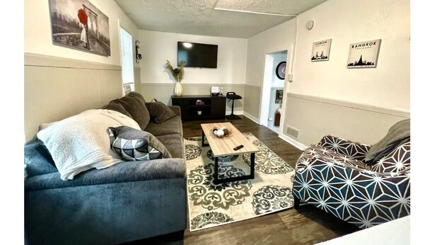 A living room with a sofa, a coffee table, and a patterned rug. - Gorgeous 2 bedroom in little Bohemian Omaha (Omaha)