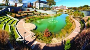 A landscaped area with a pond, pathways, and buildings in the background. - Bohemian Bliss (Atlanta)