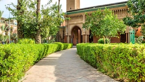 A pathway leading to a building with a tower, surrounded by well-maintained hedges and trees. - Beautiful Riad in Marrakech with swimming pools (Marrakech)