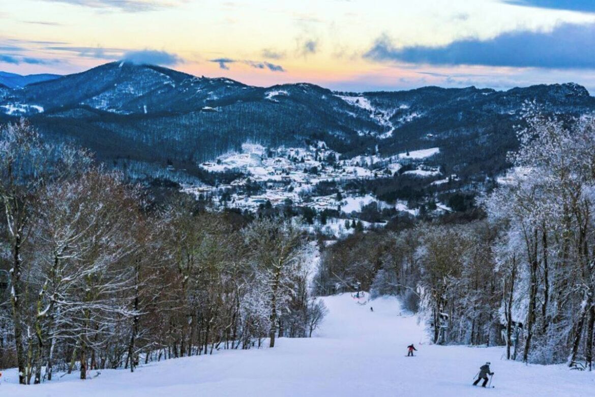 A snowy mountain landscape with a town in the valley.