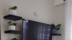 Ein Wohnzimmer mit einem an der Wand befestigten Flachbildfernseher, der von schwarzen Regalen mit Topfpflanzen gesäumt wird.
