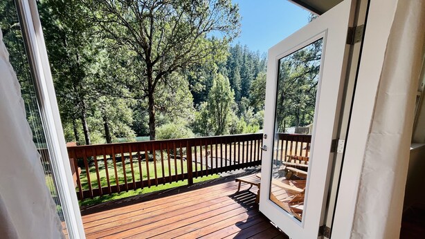 Une terrasse en bois avec une porte vitrée donnant sur un espace verdoyant bordé d’arbres.