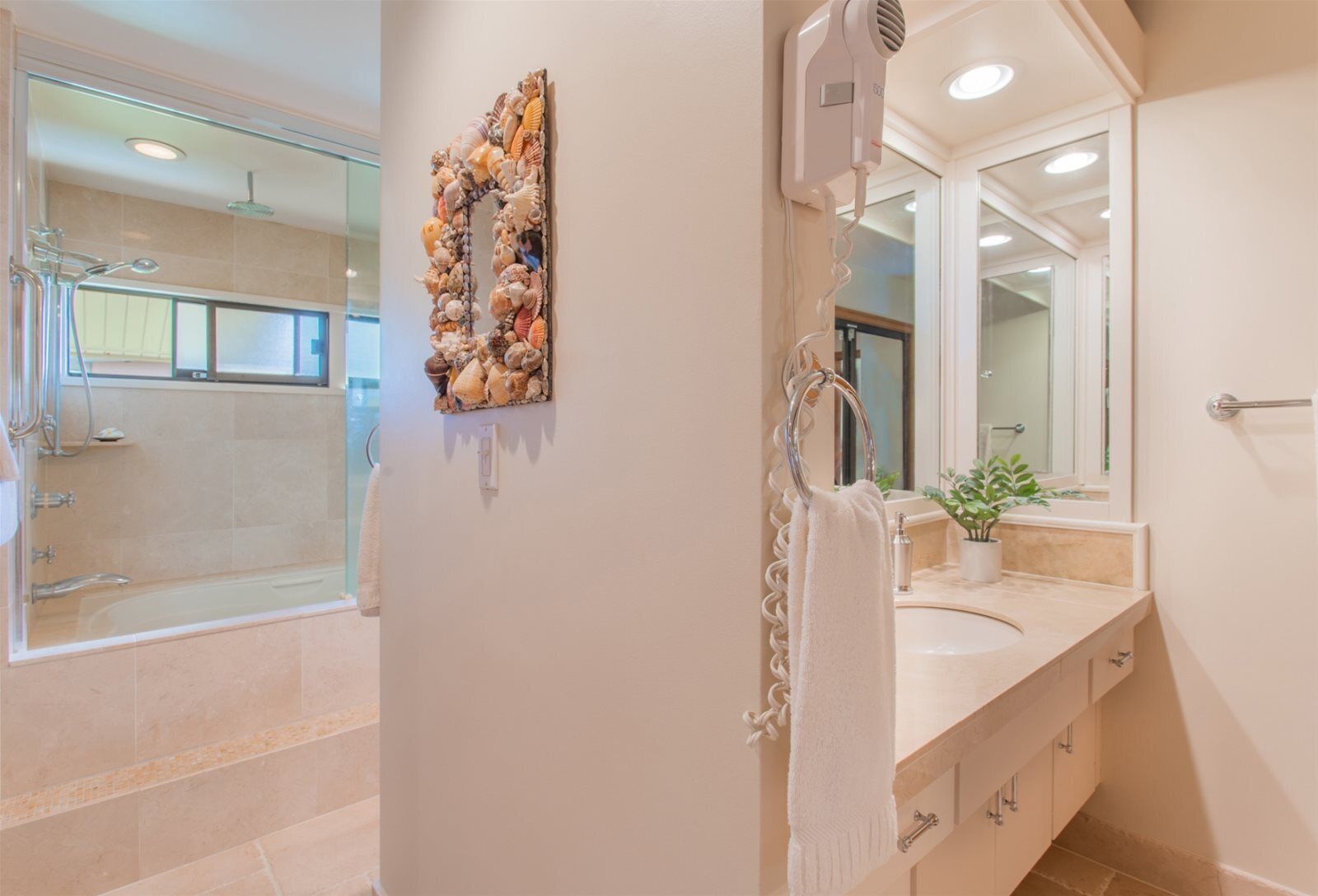Hair dryer, towels, soap, shampoo