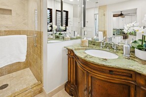Hair dryer, towels, soap, shampoo