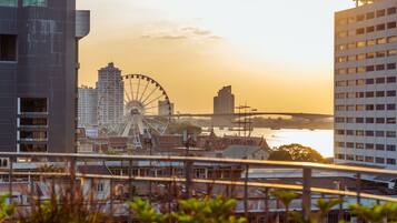 A cityscape with a Ferris wheel, modern buildings, and a river.