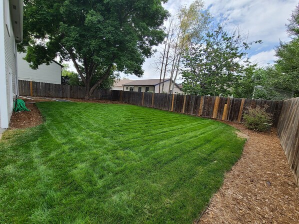 A well-maintained backyard with a wooden fence, a lawn, and a tree. - Newly remodeled home with game room, minutes from downtown Loveland (Loveland)