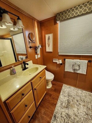 Shower, towels, toilet paper