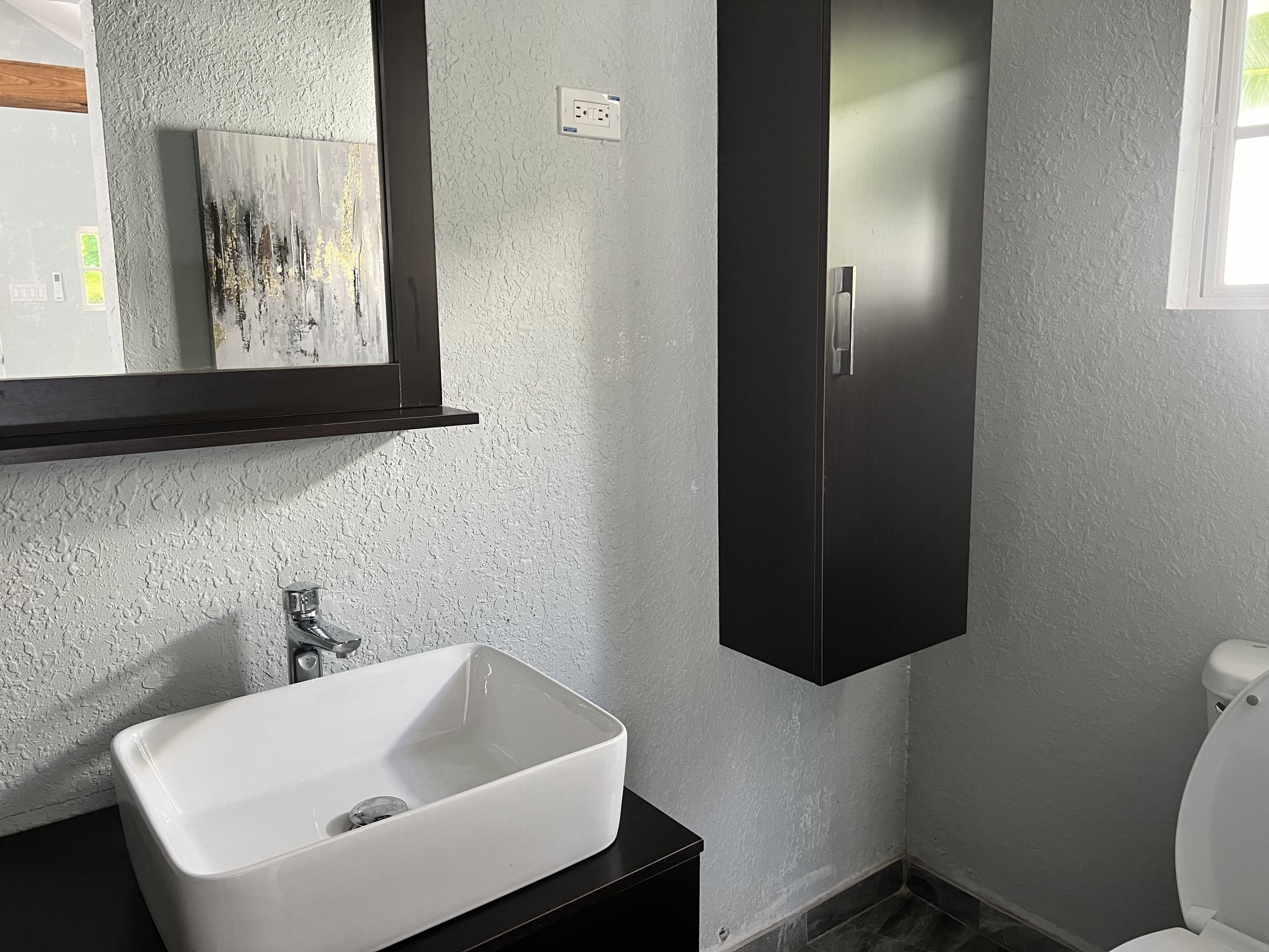 A bathroom with a white sink, a dark cabinet, and a mirror.