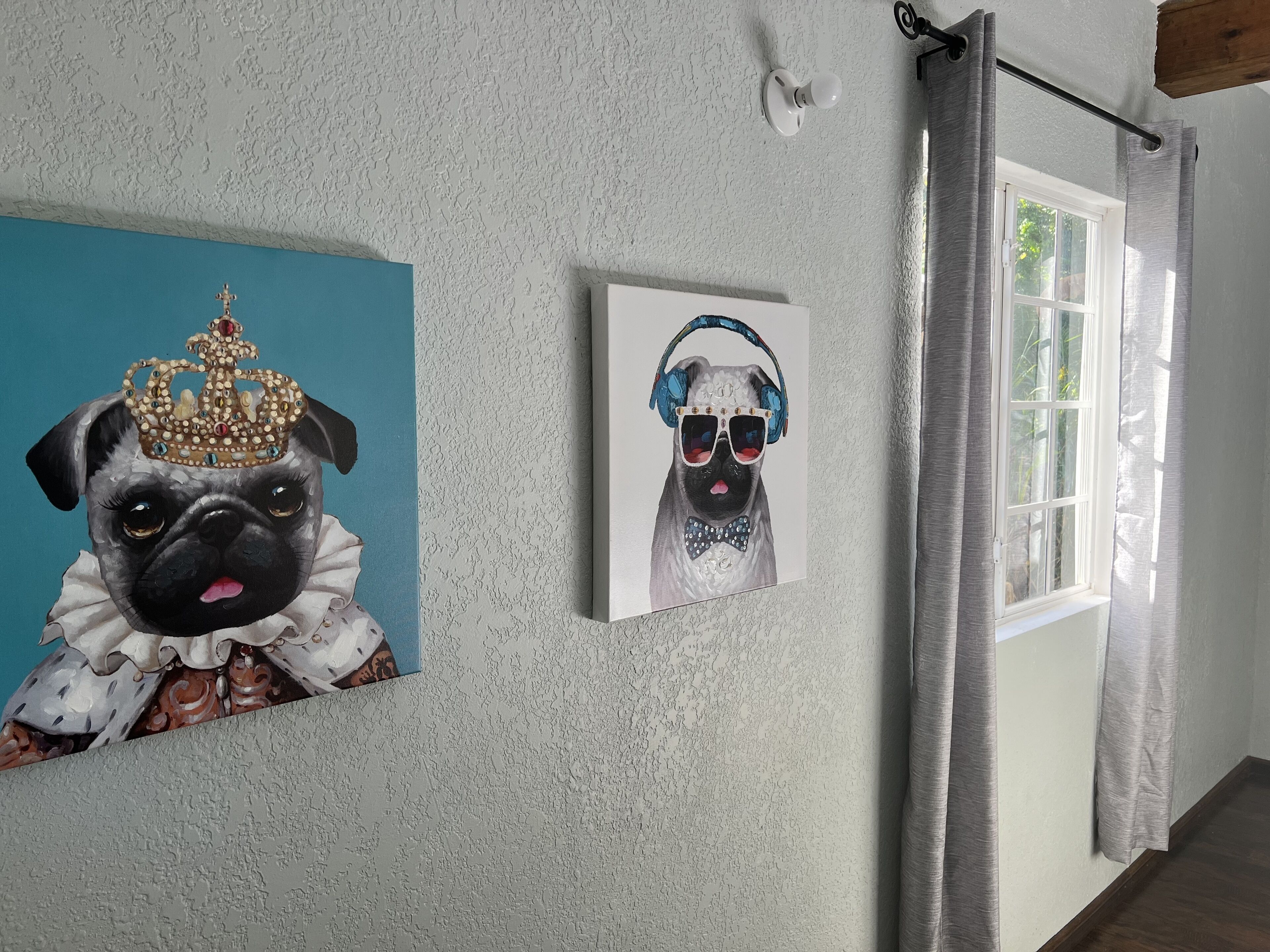 A room with a textured wall, a framed artwork of a dog wearing a crown, and a window with curtains.