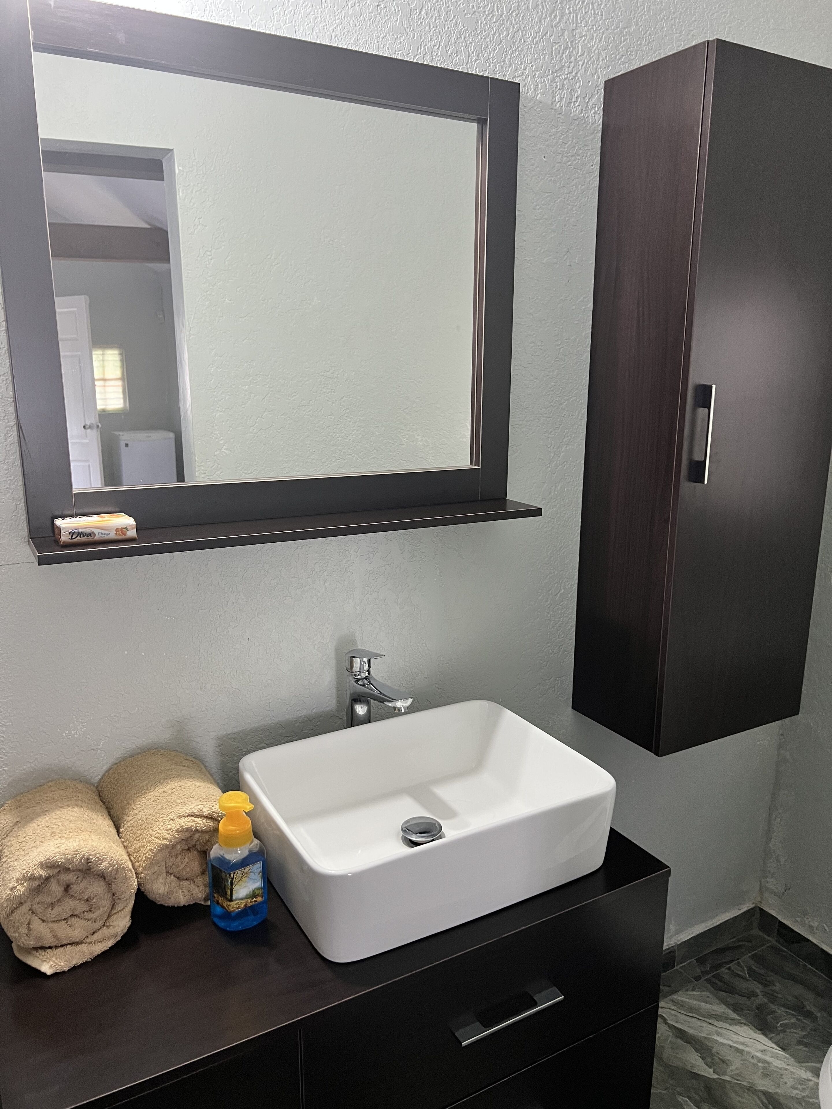Un baño con un lavamanos blanco, un mueble de madera oscura y un espejo sobre el lavamanos.