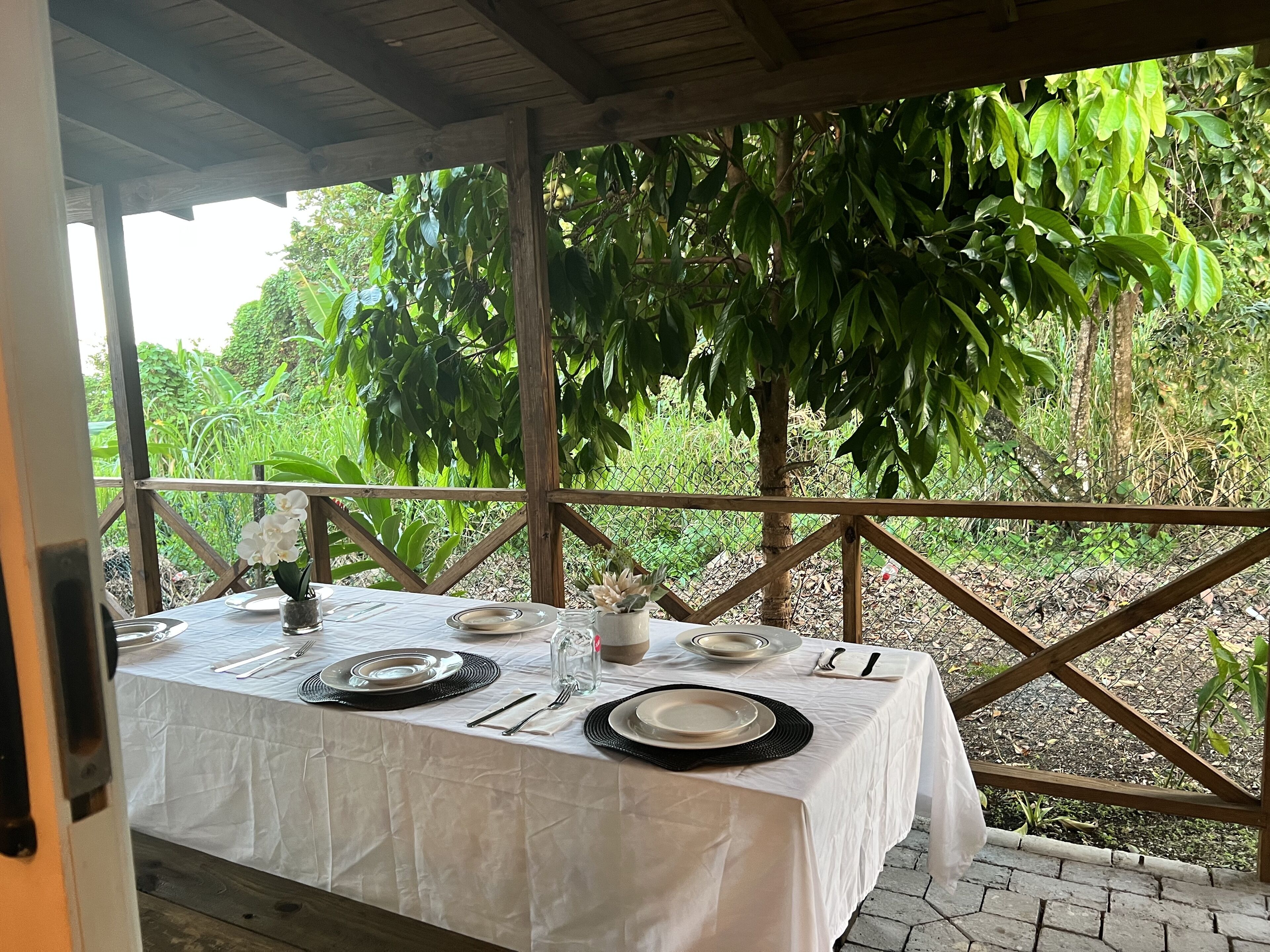 Una mesa dispuesta para comer, con mantel blanco, rodeada por una valla de madera y abundante vegetación.