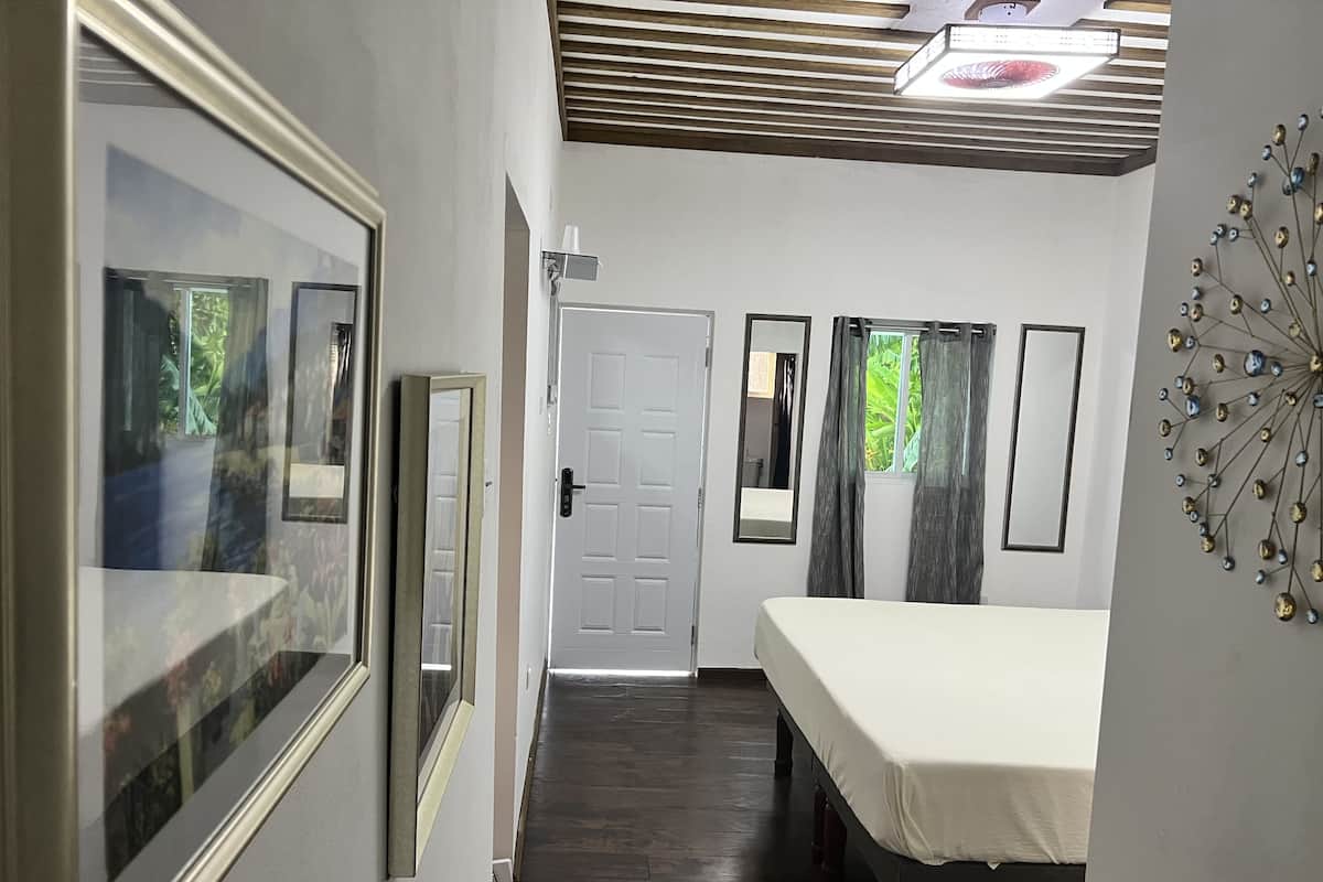 A bedroom with a bed, a door, a mirror, and a wall decoration.
