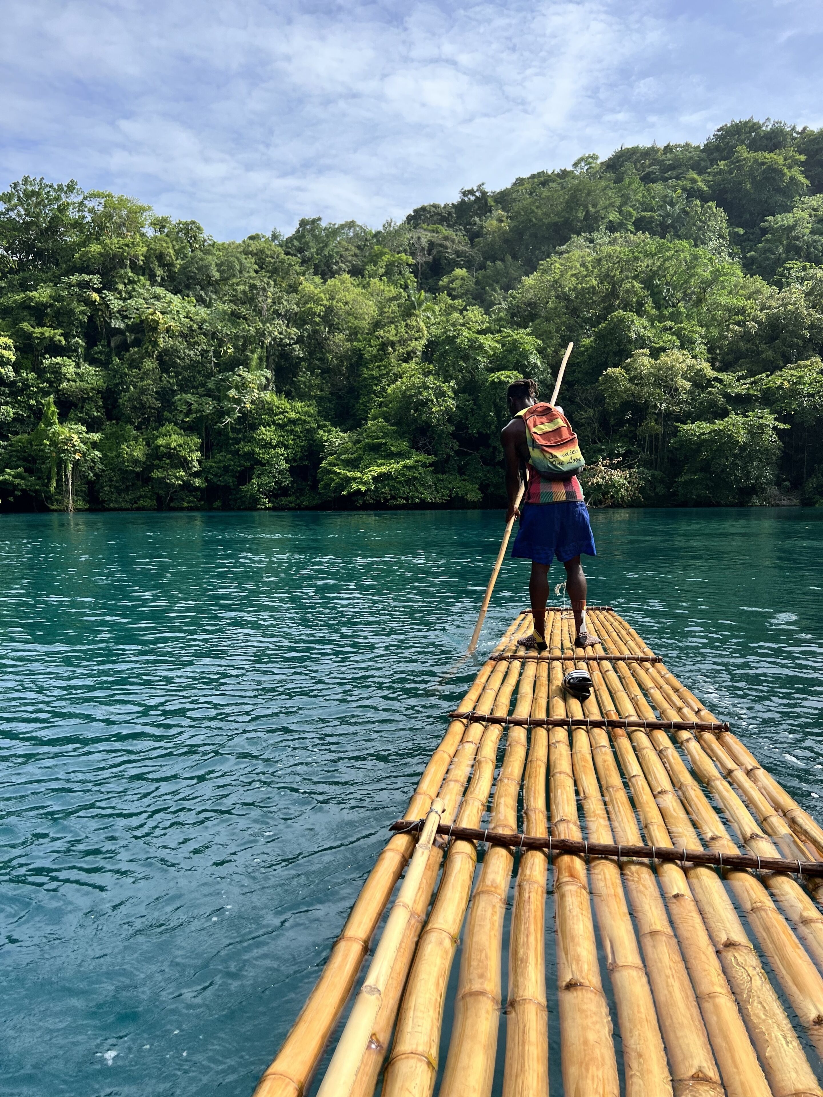 A person standing on a bamboo raft in a calm body of water, surrounded by dense green forest.
