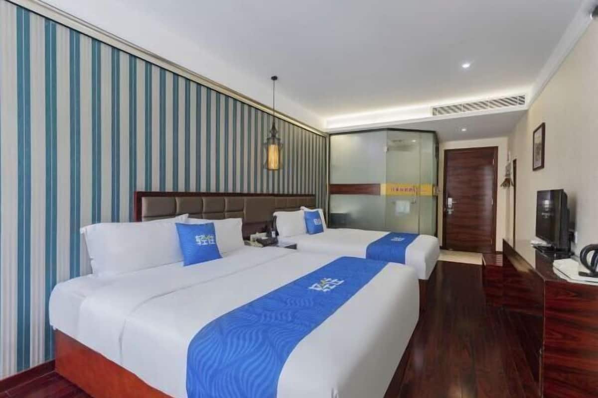 Habitación de hotel con dos camas, cabecero de madera, televisor y separador de vidrio.