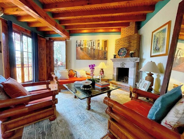 Smart TV, fireplace, books