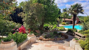 A landscaped garden with a swimming pool, stone pathways, and various plants.