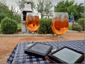 Two wine glasses on a checkered tablecloth with a tablet and a menu.
