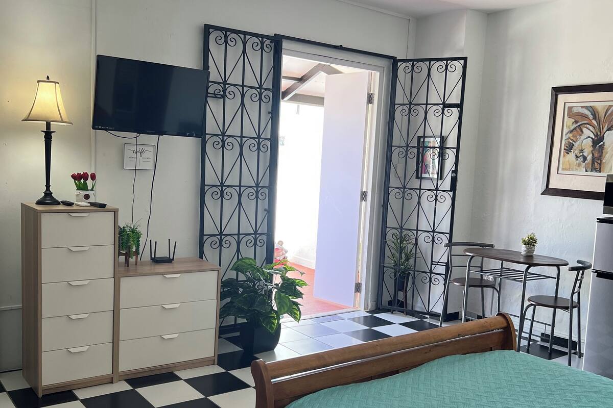 A room with a bed, a desk, a TV, a dresser, and a potted plant.