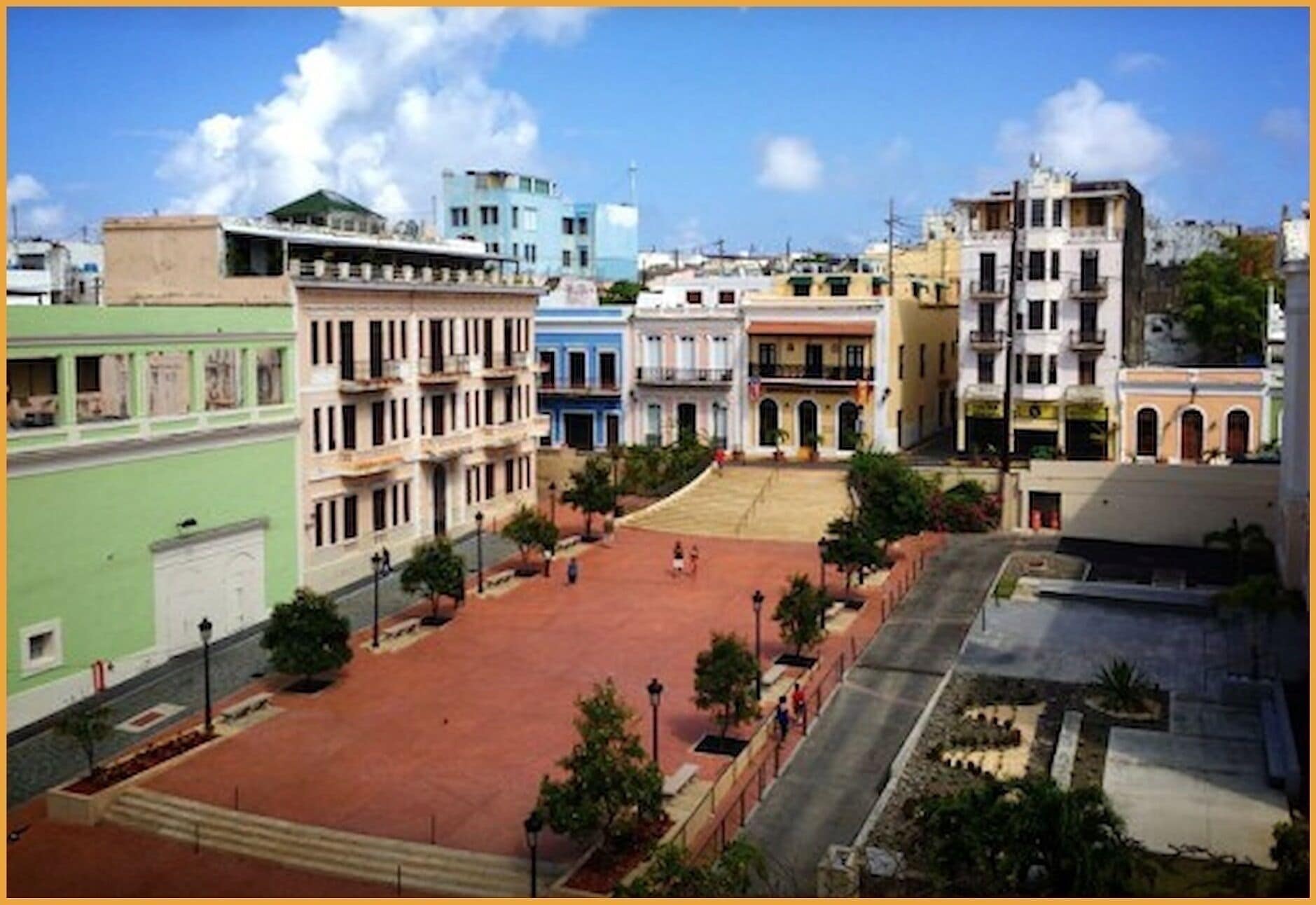 A plaza with buildings around it.