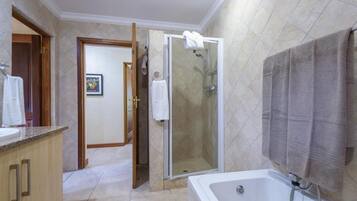 A bathroom with a shower, a bathtub, and a vanity with a sink.