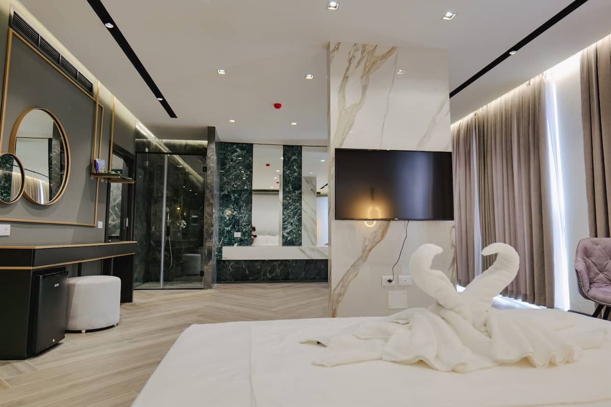 A modern hotel room with a large bed, a TV mounted on the wall, a mirror, and a shower area.