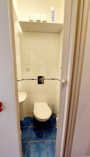 Dusche, Haartrockner, Handtücher, Toilettenpapier