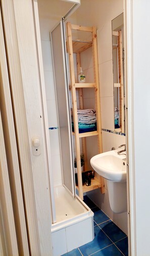 Shower, hair dryer, towels, toilet paper