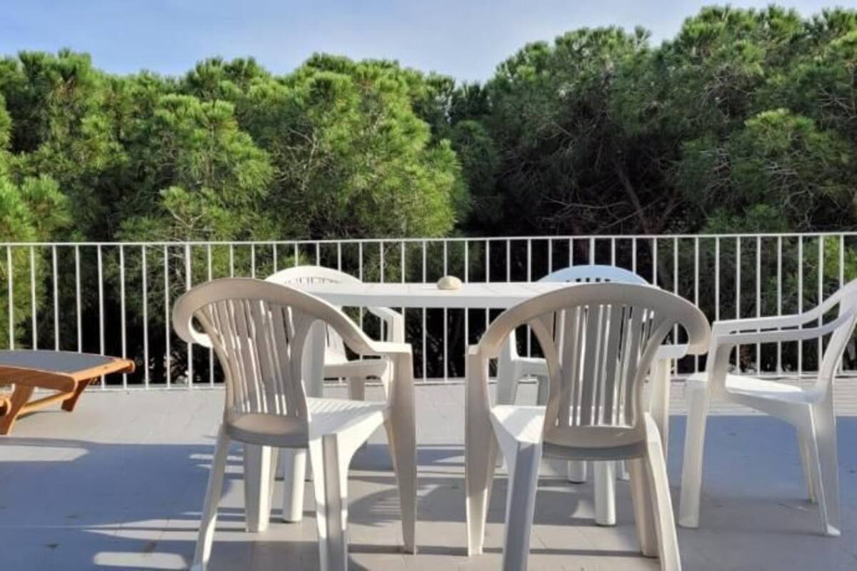 A terrace with white plastic chairs and a table, surrounded by a white metal fence, with a backdrop of green trees.
