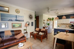 TV, DVD player, books, video library
