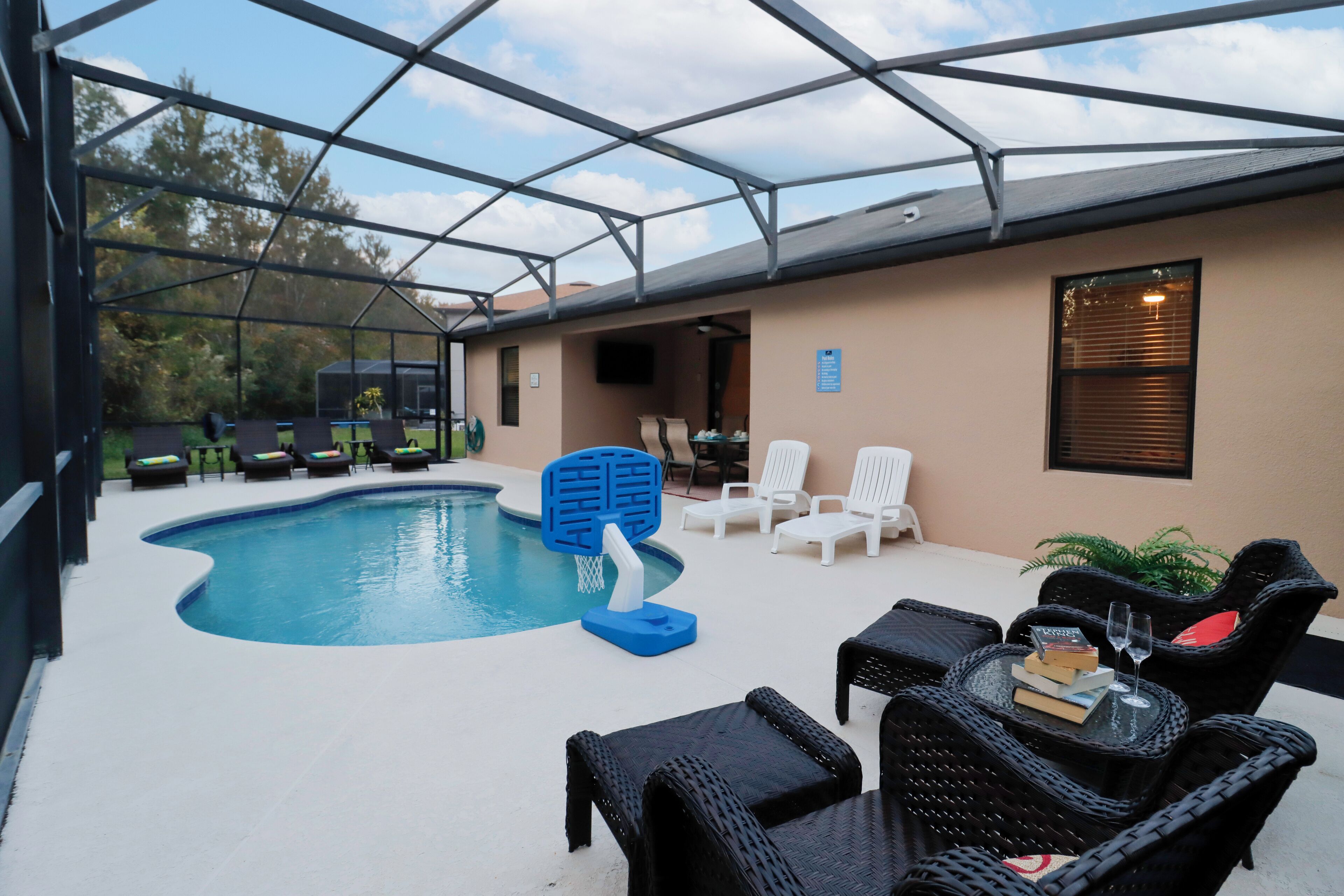 Outdoor pool, pool umbrellas, pool loungers