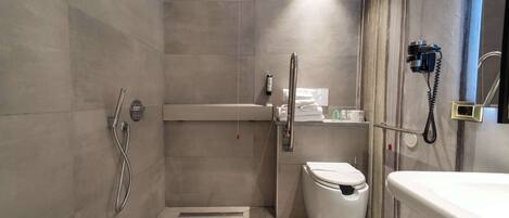 A modern bathroom with a walk-in shower, toilet, and sink.