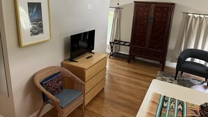 A living room with a television on a wooden cabinet, a wicker chair, a dark armchair, and a patterned rug. - Sunny Coach House in Historic Oak Park (Oak Park)
