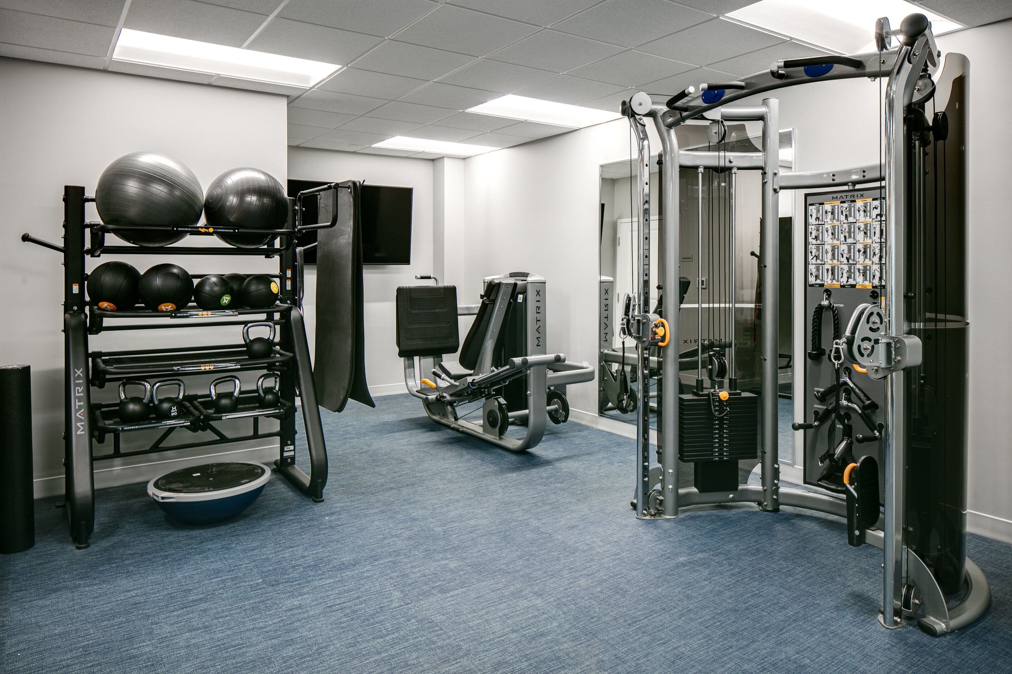 A gym with exercise equipment, a kettlebell rack, and a treadmill.