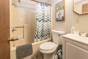 Combined shower/tub, hair dryer, towels
