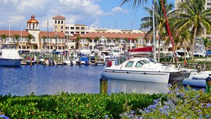 A marina with boats docked, a building with a clock tower, and a palm tree. - Romantic vacation spot by the water with private heated pool and spa, kayaks! (Cape Coral)