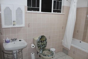 Bathroom features a traditional sink, toilet, and bathtub with a shower curtain.